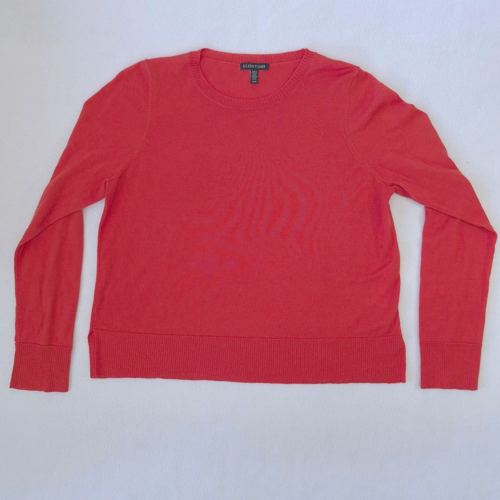 Eileen Fisher Sweater Red Orange Merino Wool Medium Crew Neck Minimalist Classic - Picture 1 of 11